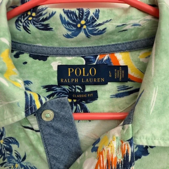 Ralph Lauren Green and Blue Polo Shirt with Tropical Print - Picture 2 of 4
